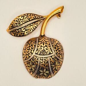 Vintage Brass Apple with Design Light Green Enamel Wash Brooch